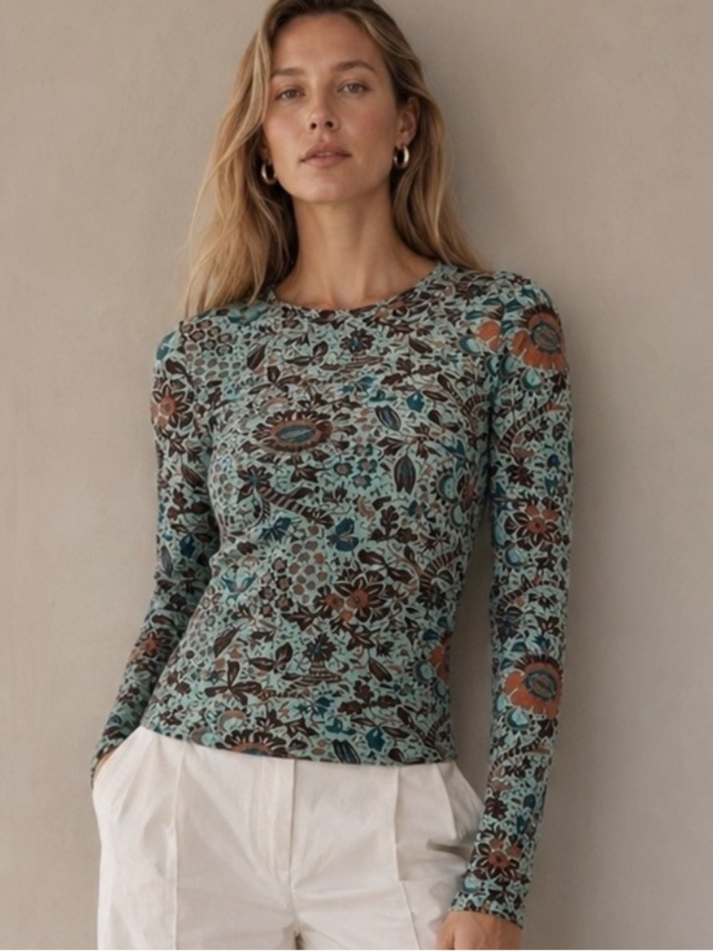 Ulla Johnson Eve Jade Floral Print Long Sleeve Fitted‎ Knit Top M